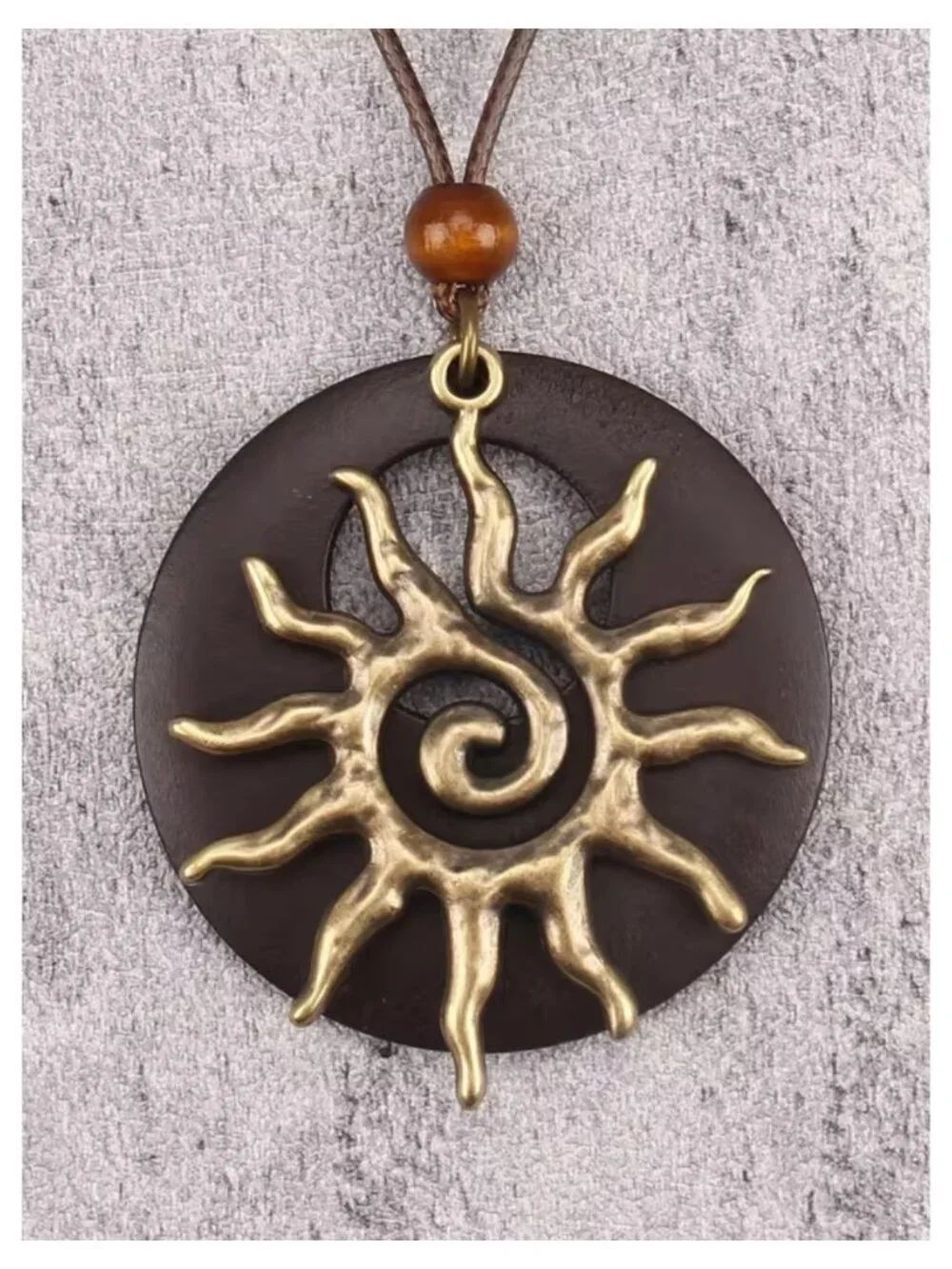 NWT Boho Vintage Hammered Gold Spiral Sun Pendant Cord Necklace
